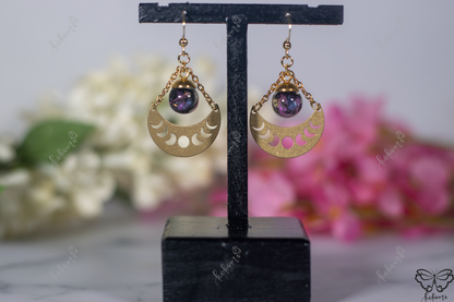 Magenta Galaxy Gold Moon Phase Earrings