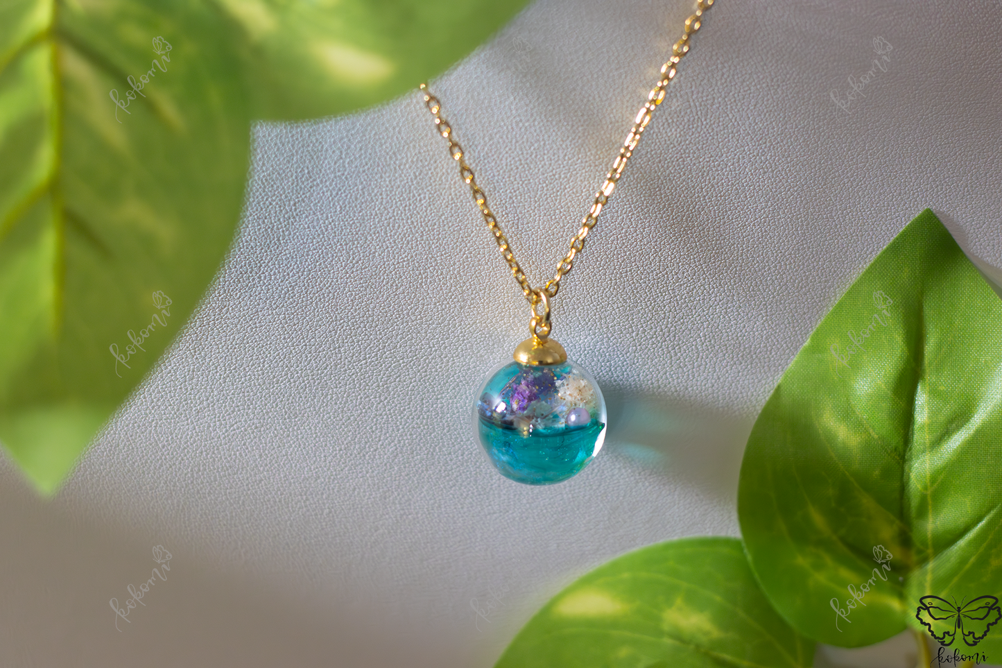 Iridescent Mint Floral Resin/Glass Pendant