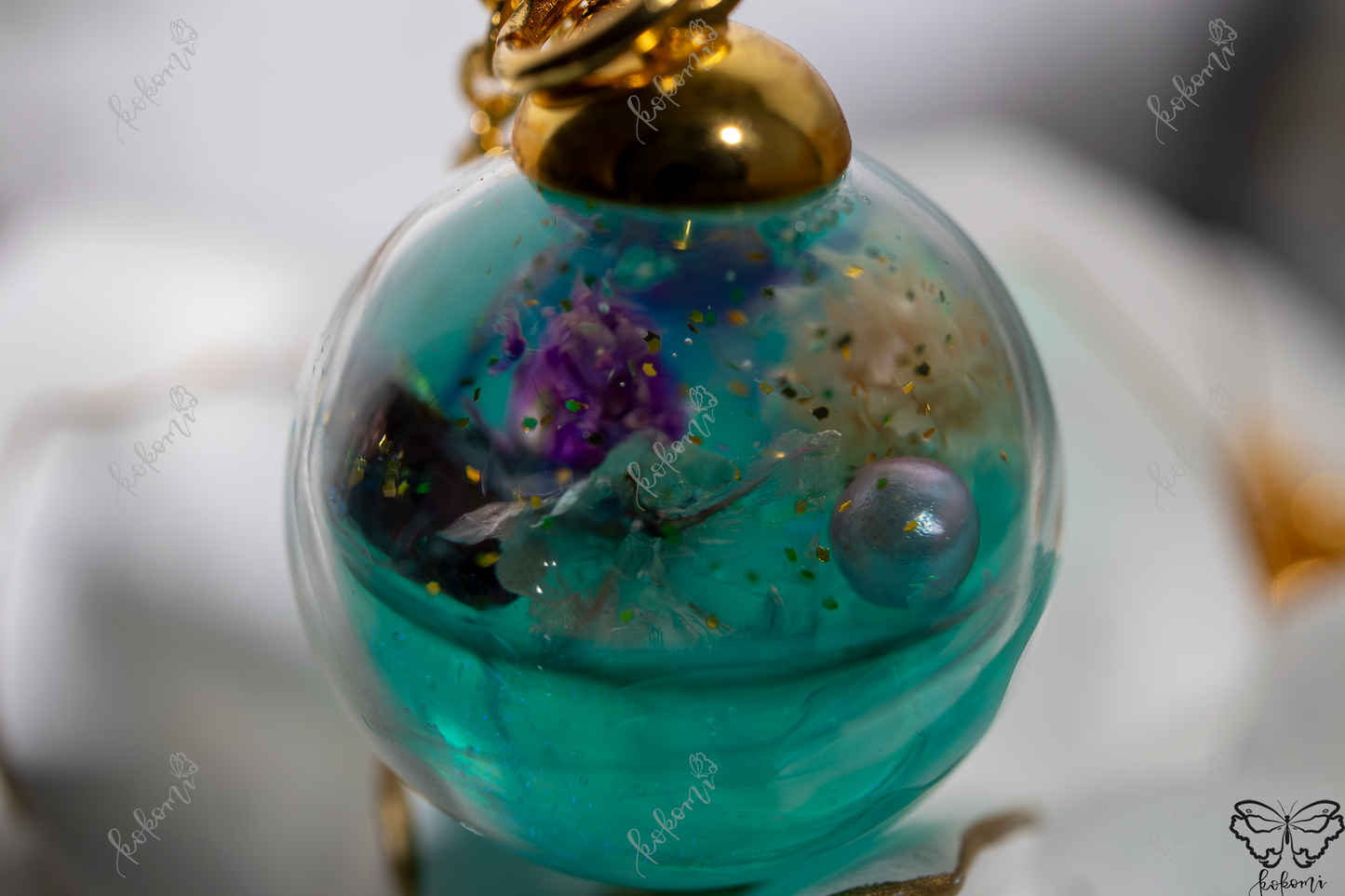 Iridescent Mint Floral Resin/Glass Pendant