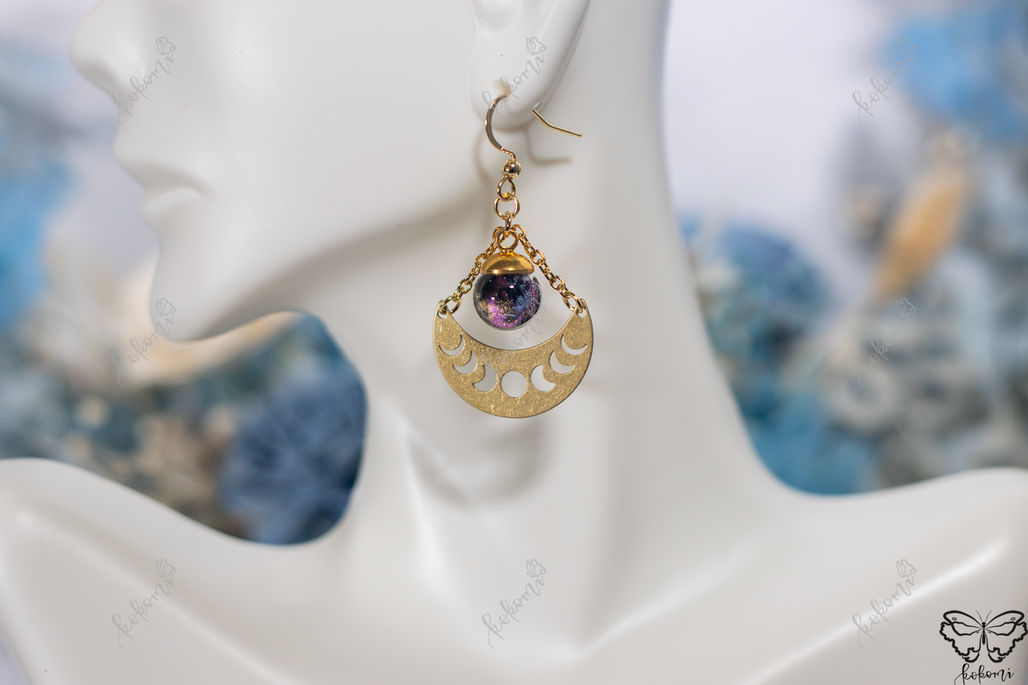 Magenta Galaxy Gold Moon Phase Earrings